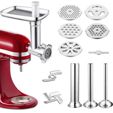 KitchenAid Compatible Metal Food Grinder Attachment with 3 Sausage Tubes - Silve