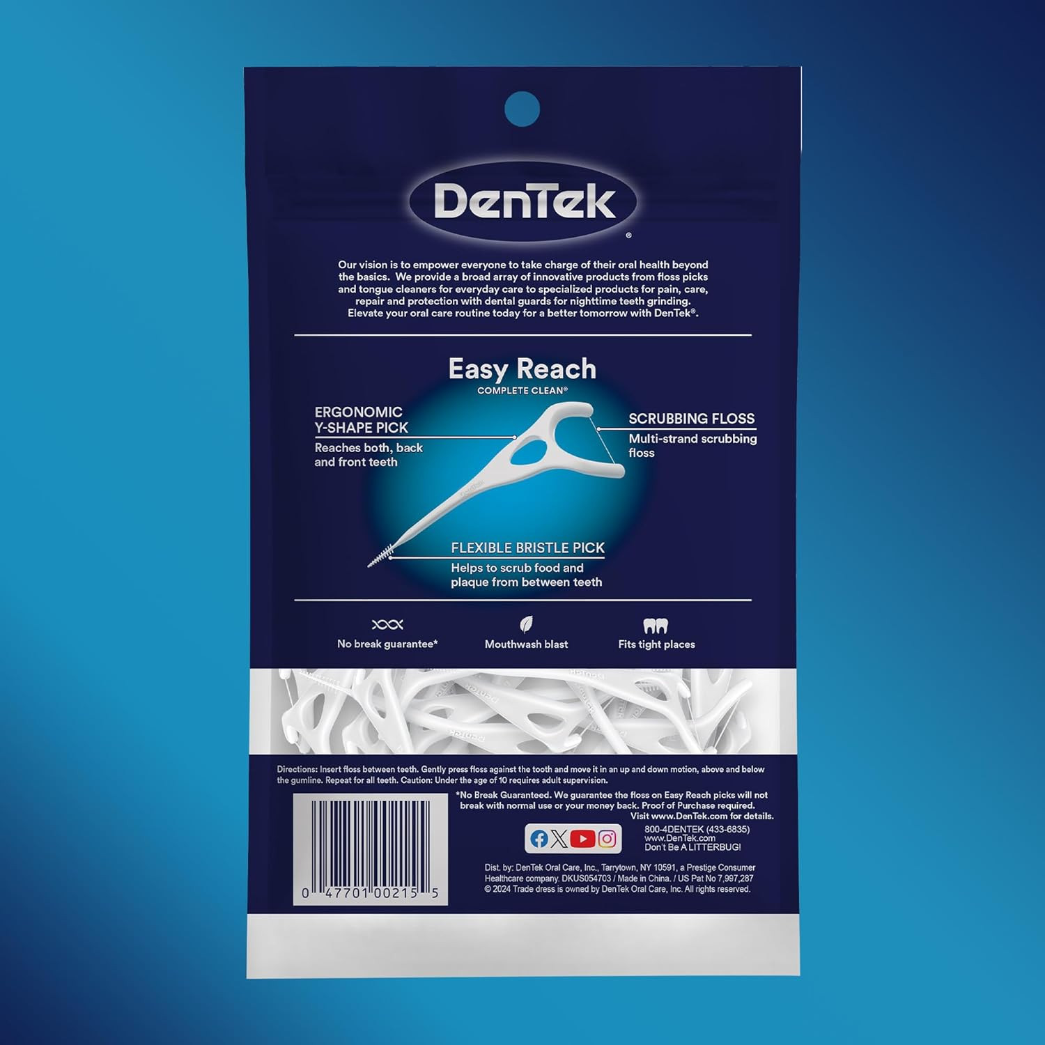 Dentek Complete Clean Easy Reach Floss Picks, No Break & No Shred Floss, 75 Coun