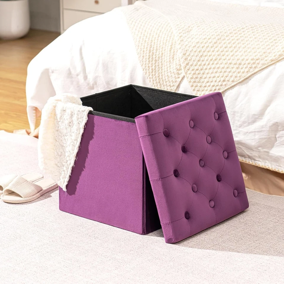 Luxury Velvet Folding Storage Ottoman - Stylish Footstool in Purple - Medium - Image 4 of 4