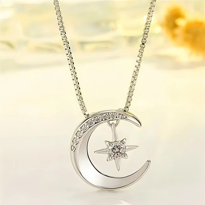 925 Sterling Silber Kristall Mond Stern Anhänger Halskette Damen Mädchen Schmuck Geschenk
