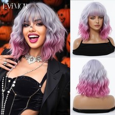 Women Fluffy Colorful Short Curly Bob Wig Blunt Bangs HalloweenParty Cosplay Wig