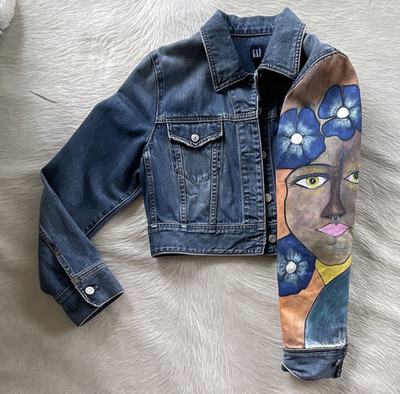 Gap Ladies Denim cropped Jacket custom painted by Teri Moores Art. Size L