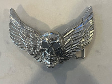 Vtg Rock Rebel SKULL WINGS Airman Chrome Silvertone Belt Buckle 4.5"