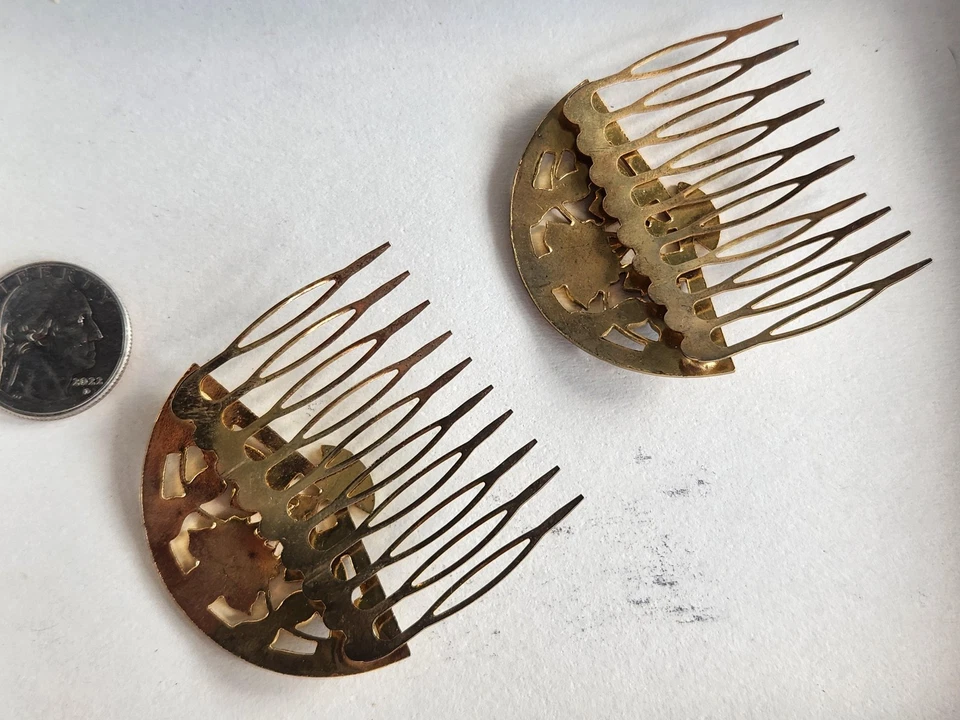 Vintage Japanese Brass Hair Combs Floral Enamel Pair Hair Accessories 2 Piece Se - image 4 of 4