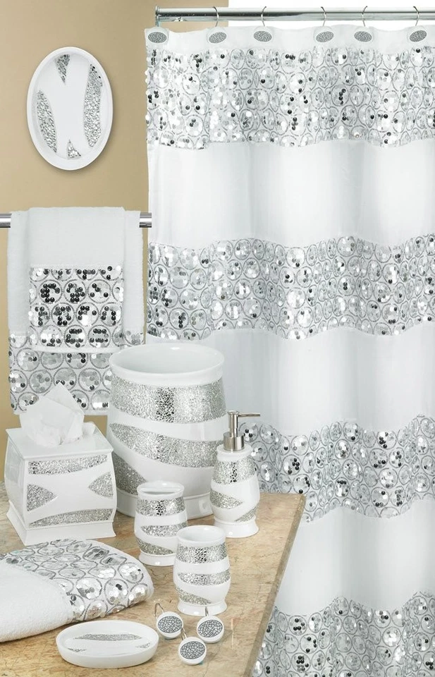 Cortina de ducha Sinatra lentejuelas blanca 70x72 pulgadas Foto 4 de 4