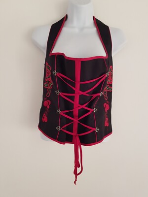 Vintage schwarz Top Korsett bayrisch Retro Oktoberfest rosa Shirt ärmellos 14 16