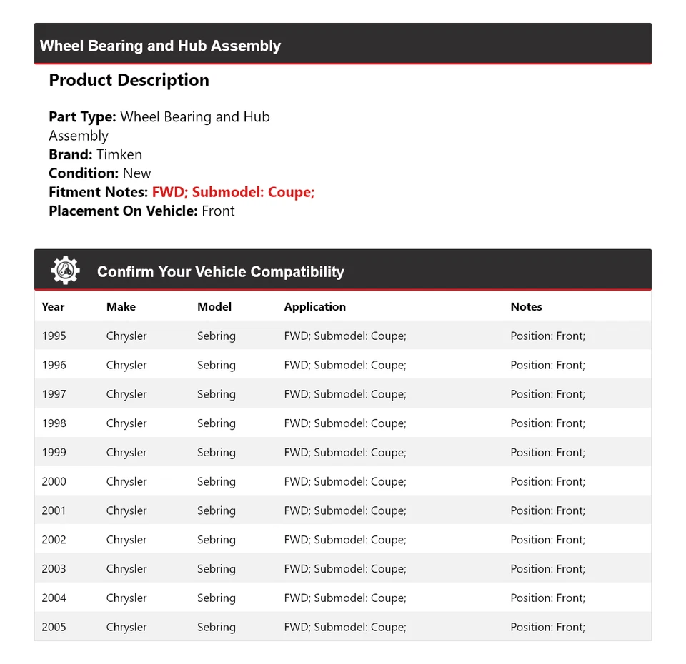 Conjunto de cojinete de rueda y buje delantero Timken para Chrysler Sebring 1995-2005 cupé tracción delantera Foto 2 de 4