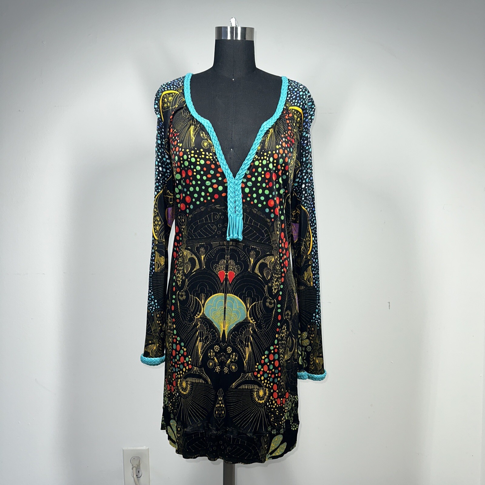 90s Y2K Custo Barcelona mini dress low cut neck fringe Geometric Print Size S