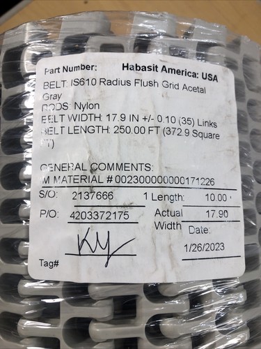 Habasit 17.9" x 10' IS610 Radius Flush Grid Acetal Gray Belt Nylon Rods (5791) - Picture 3 of 7