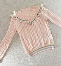 Valentino Spa Women Pink Knit Sweater Shirt  Ruffle Top Size M