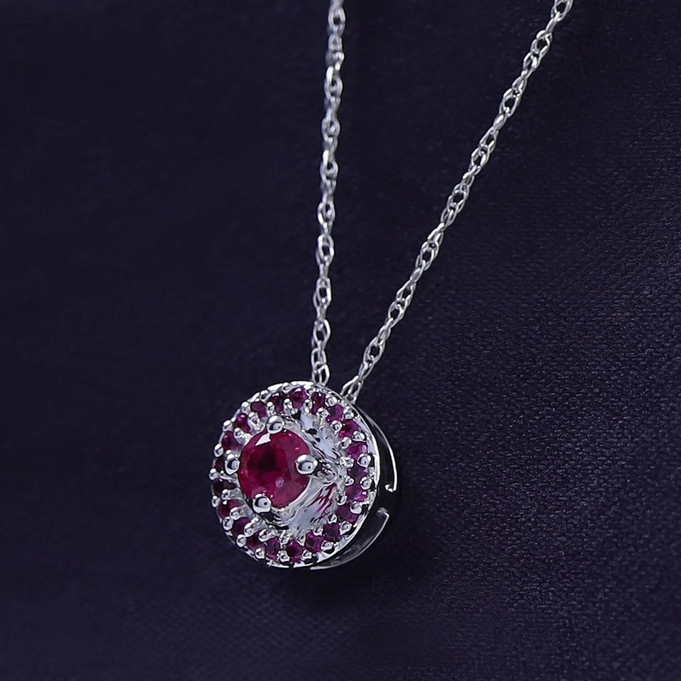 Collar Colgante Halo Zafiro Rosa Simulado en Oro Sólido 10K con Cadena de 18" Foto 3 de 4