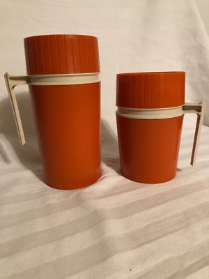 2 Thermos Vacuum Bottle King Seely # 7202 7002. Vtg Orange. Hot Cold. Travel Jug