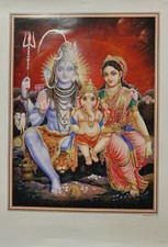 Lord Shiva Pravati and Ganesha print with glitter red