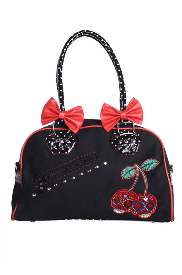 BANNED Cherry Bomb Sugar Skull Candy Polka Dot Bow Handbag Rockabilly Black Red