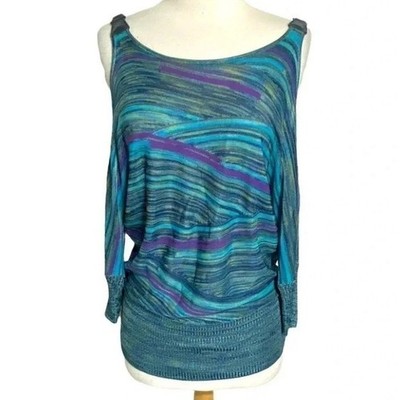 Cache Cold Shoulder Top M Blue Purple Striped Batwing Blouson Knit Buckle Strap