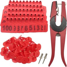 100 Red Cattle Ear Tags Numbered 001-100 Livestock ID Tag Kit for Cows