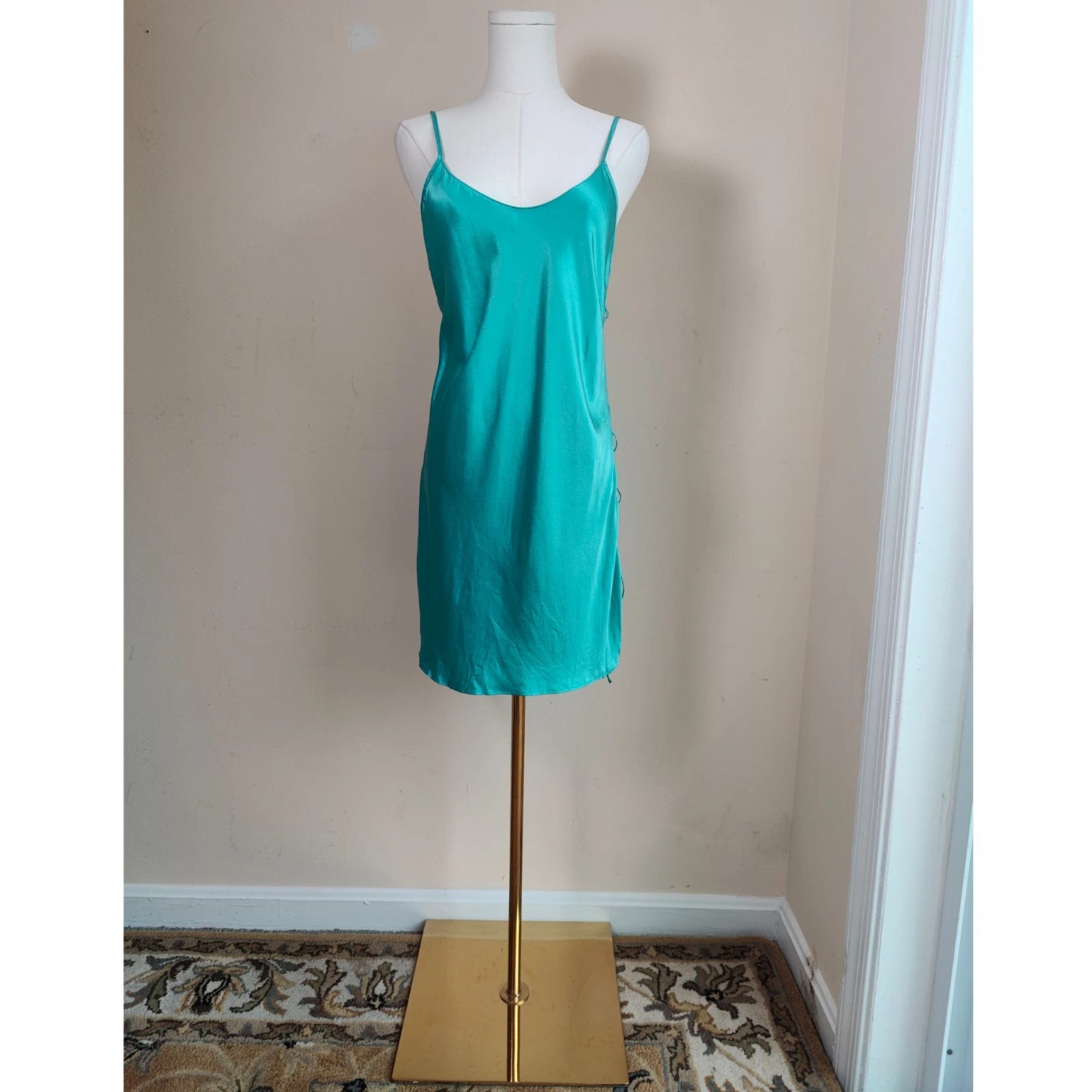 UNDERCOVER Abito vintage Victoria's Secret 100% seta turchese slip M corsetto cravatta lato RARO