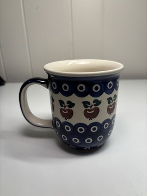 Polish Pottery Wiza COFFEE MUG CUP  Blue w Red Apples