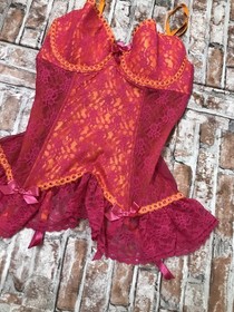 2006 Victoria&rsquo;s Secret Sexy Little Things HOT PINK Sheer Ribbon Garter Cami 36C