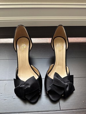 Kate Spade Heels Womens 7.5B Black Satin Bow D Orsay Open Toe Pumps Italy