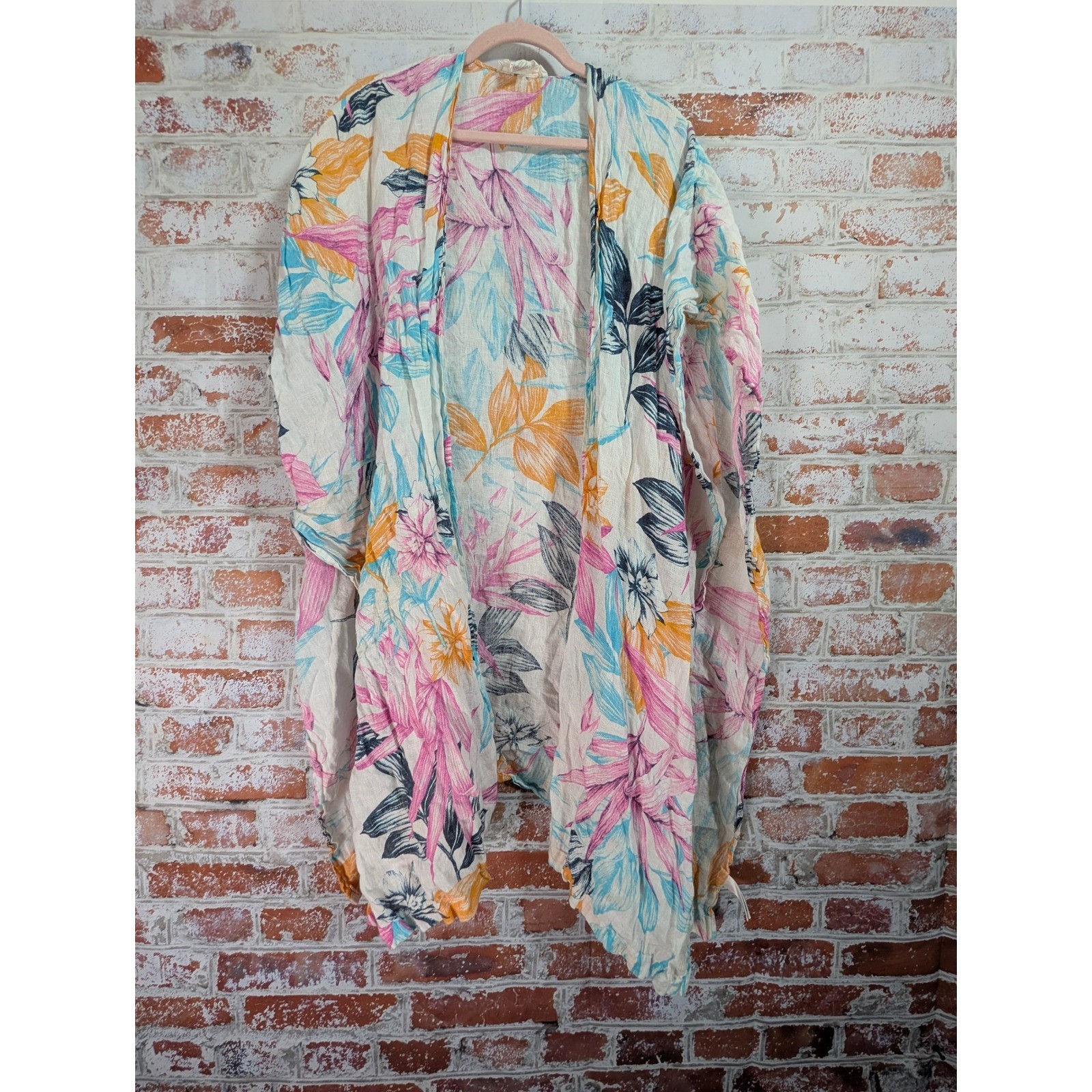C&C California Kimono Wrap Womens OS Multicolor Floral Linen Beach Coverup