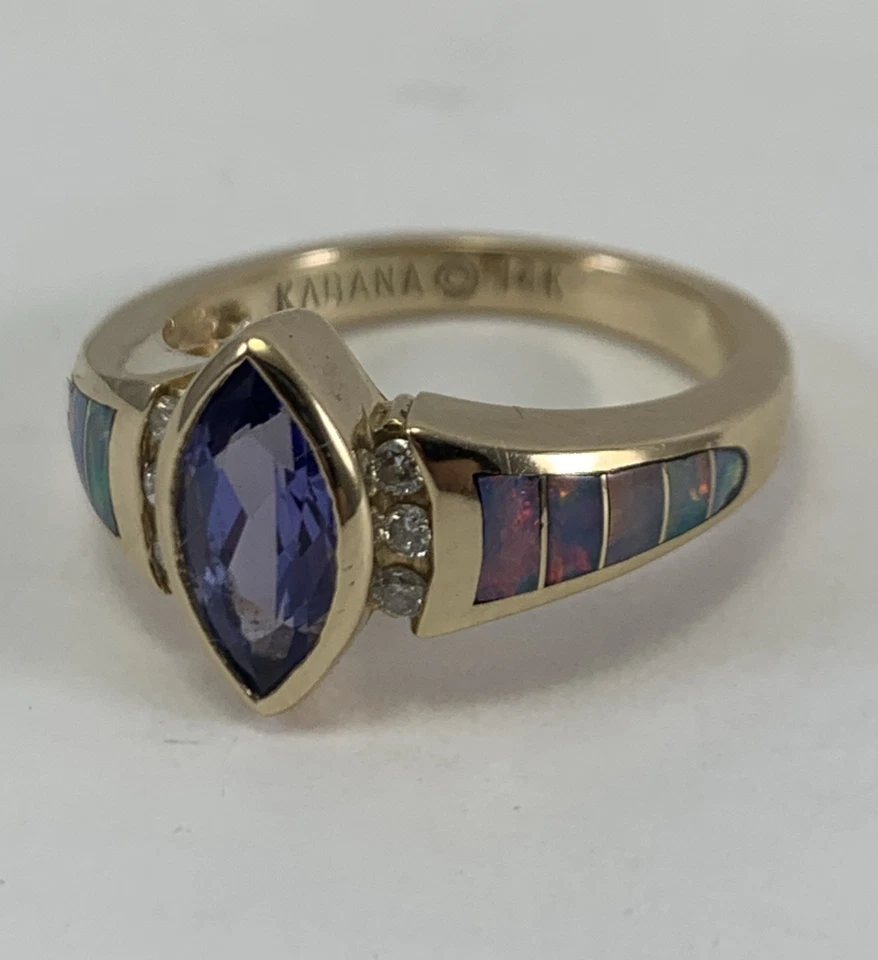 Кольцо KABANA из желтого золота 14 карат с турмалином и инкрустацией опалом - Изображение 2 из 4