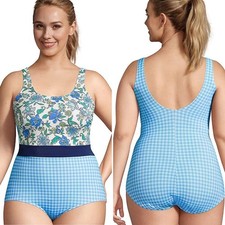 Lands' End NWT Scoop Neck Tugless One Piece Swimsuit 20W blue floral