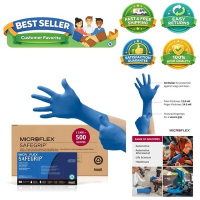 50 Count Microflex SafeGrip Latex Gloves - XL Powder-Free, Water Resistant