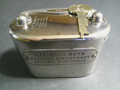 W.F. Burns Handle Coin Bank Citizens Bank Algoma, Wisc. Savings Dept. with 1 Key