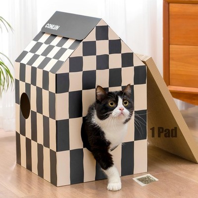 Conlun Katzenhaus aus Karton mit Kratzbrett mittel - 1er Pack, Schachbrett 