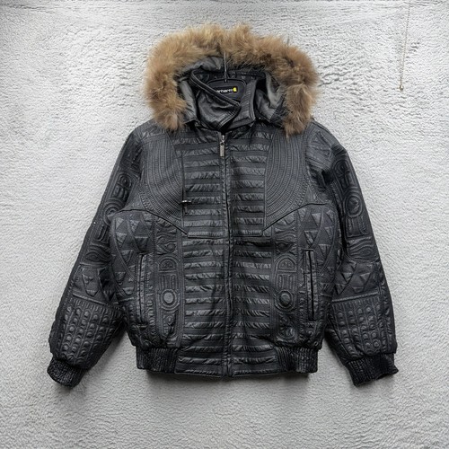 Petite veste vintage Vilanto cuir noir pharaon égyptien année 2000 capuche fourrure - Photo 2/8