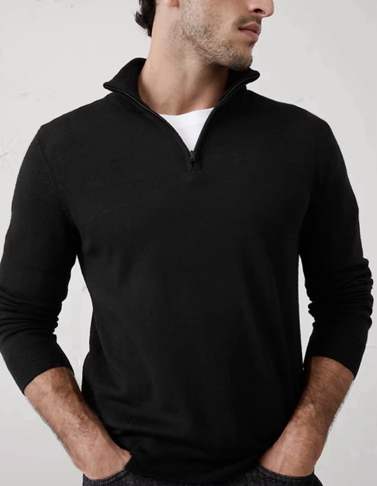 Banana Republic 1/4 Zip 100% Extra Fine Italia Merino Wool Mens Sweater XL Black