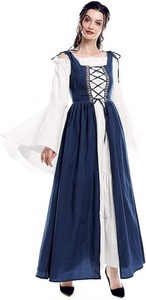 Women's Medieval Renaissance Dress Blue White Costume with Decorative Lacing 
