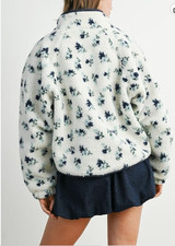 Women's Floral Print Fluffy Fleece Jacket Snap Button Winter
