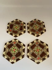 Vintage Taracea Spain Wood Mosaic Lacquer Geometric Inlays Coasters Set of 4