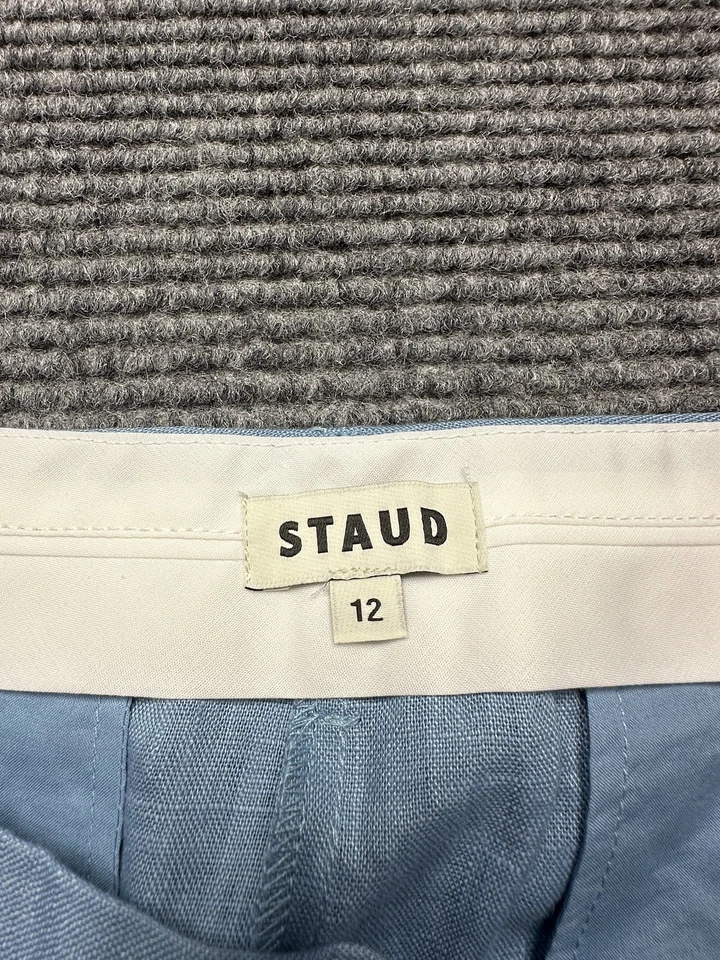 Pantalones Cortos de Lino Staud Cruz Para Mujer 12 Azul Pizarra Tiro Alto Pierna Ancha Plisados Nuevos Foto 4 de 4