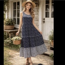 J Jill Maxi Dress Sz 2X Floral Tiered Boho Peasant Cottage Flowy Navy White