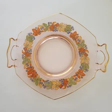 Vtg Glass Serving Plate Gold Trim Handles Maple Leaves Autumn Pink Clear 7.5" 