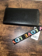 Women Black Wallet with rainbow LOVE on wrist strap zip around for cards/change