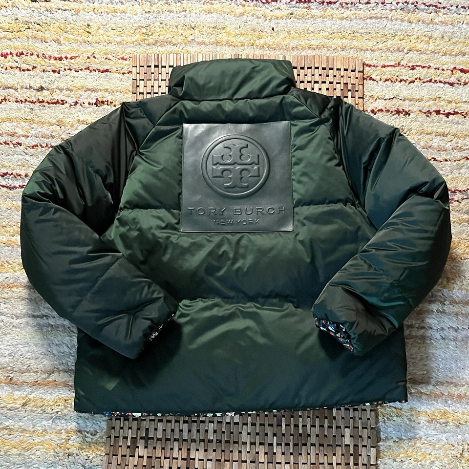 Tory Burch Reversible Floral Print Goose Down Puffer Jacket Forest Green XL - Image 3 of 4