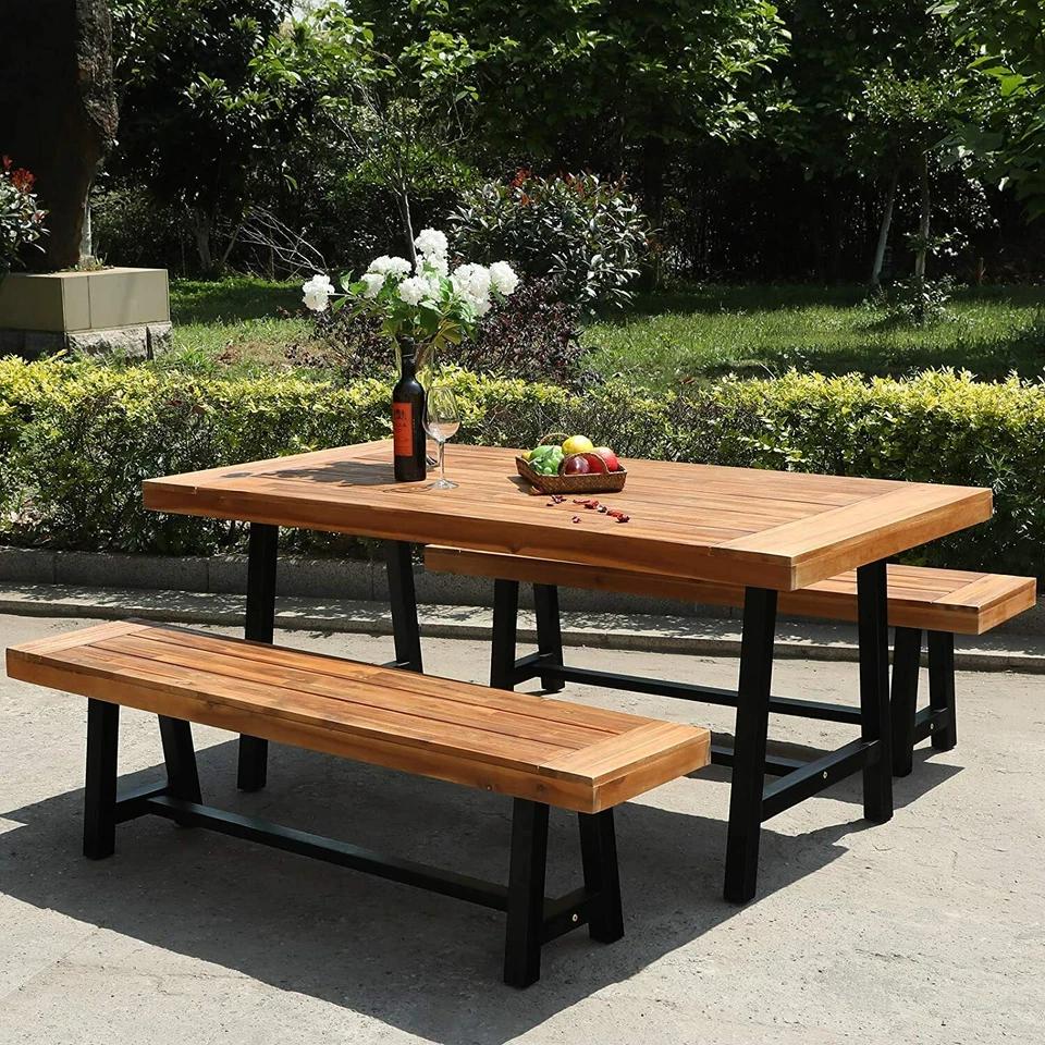 Juego de 3 mesas de comedor de madera para patio de teca para muebles de jardín Foto 4 de 4