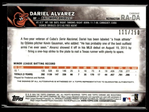 2016 Topps Chrome Dariel Alvarez Rookie Autographs Purple Refractor #/250 HS - Picture 2 of 2