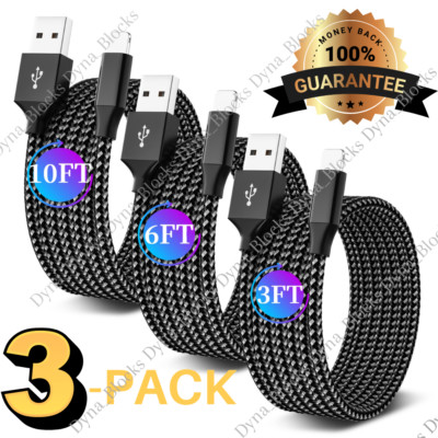 3 Pack USB Charger Cable Braided For iPhone 14 13 12 11 XR XS Fast Charging Cord