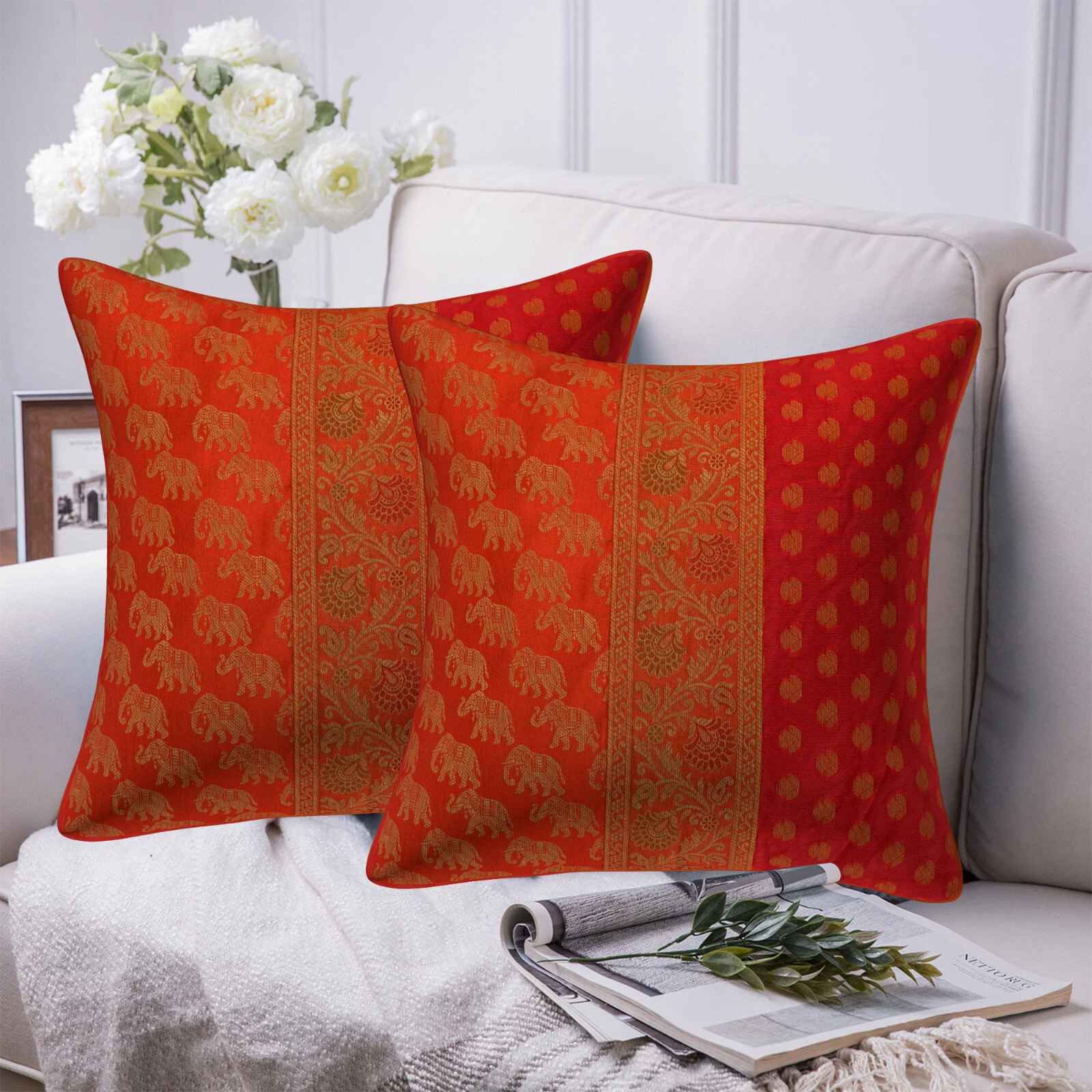 Orange & Red Color Silk Elephant Cushion Cover Throw Pillow Cover 16x16 (2 Pc)