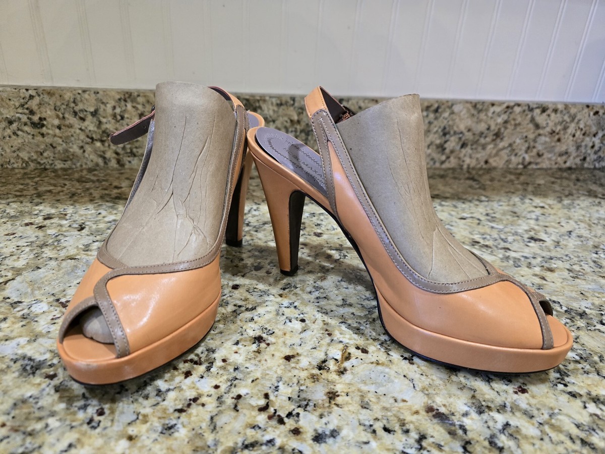 BCBG LEATHER ORANGE HIGH HEELS SLINGBACK OPEN TOE DESIGNER AUTHENTIC SIZE