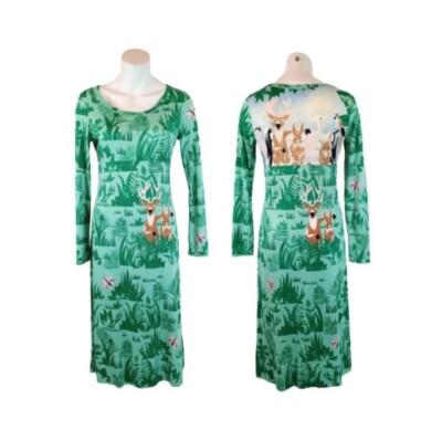 70s Gene Berk GB3 Maggie Print Flora Fauna Woodland Green Midi Sheath Dress S/M