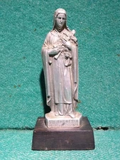 ST. THERESE OF LISIEUX Old METAL FIGURE STATUE w/ WOOD PEDESTAL 92mm