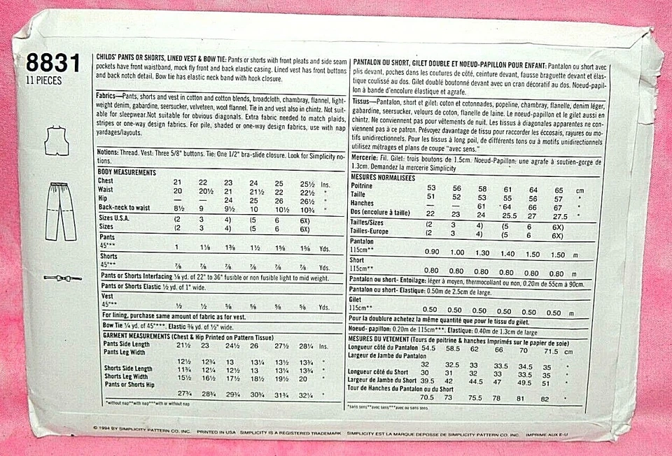Uncut Simplicity Boys Child 5,6,6X Pleated Pants Short Vest Bow Tie Pattern 8831 - Image 2 of 2