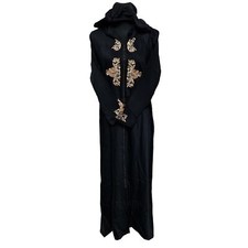 Moroccan Women's Black Crepe Blend Long Sleeve Hooded Djellaba Jalabiya