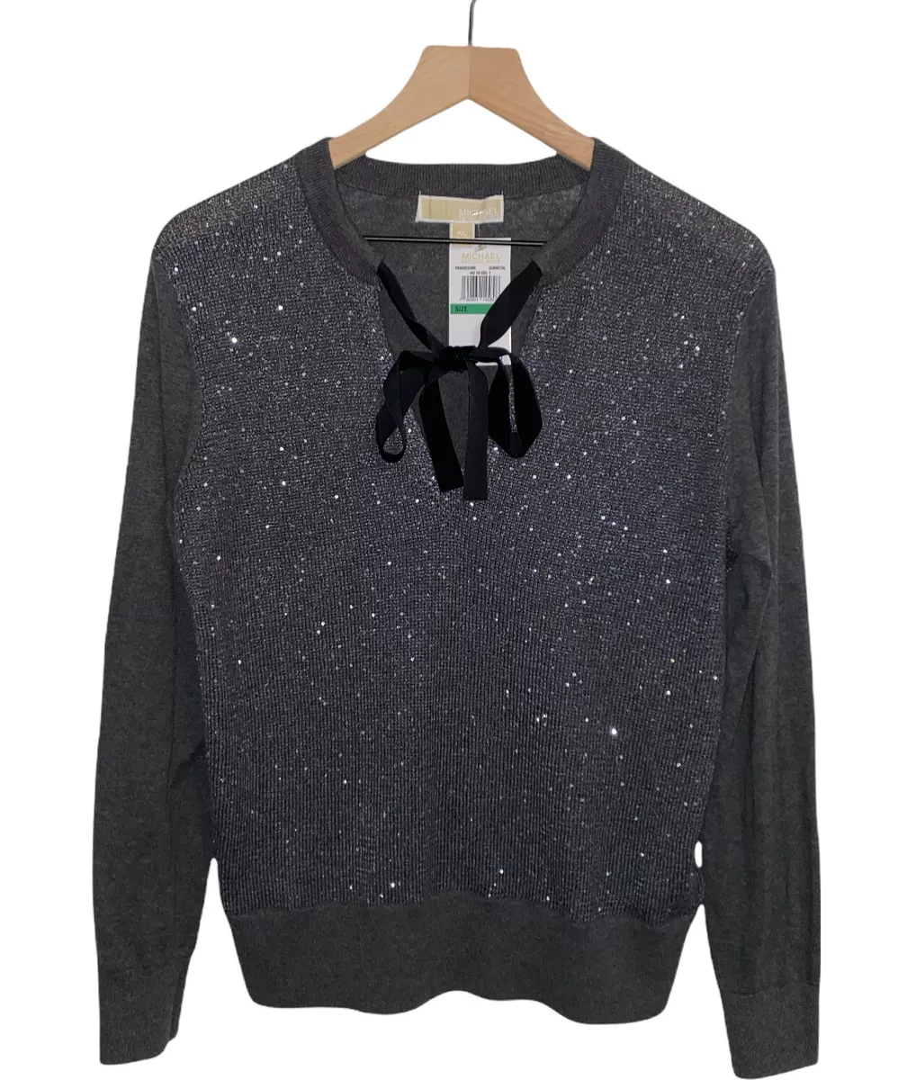 Michael Kors Gunmetal Sequin Velvet Tie Long Sleeve Sweater Top Petite Large New